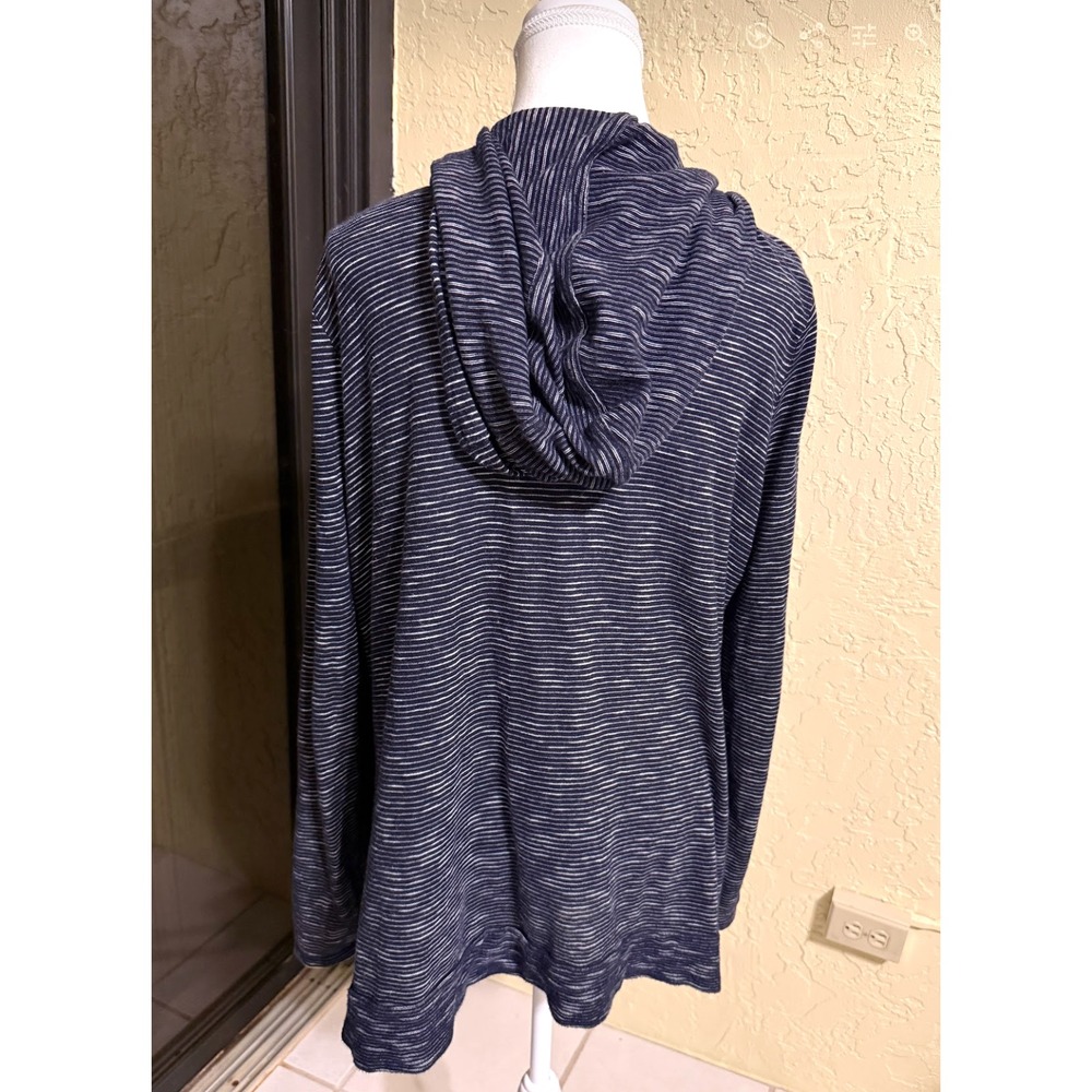 Talbots Hooded Open Front Cardigan Women's L Navy White Stripe 100% Cotton - Picture 2 of 9
